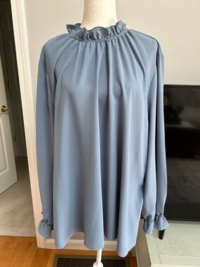 BloomChic Ruffled Mock Neck Blouse - Dusty Blue